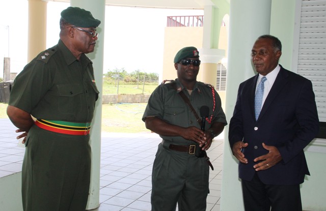 (Extreme right) Premier of Nevis and Minister of Security Hon. Vance Amory with senior officers of the St. Kitts and Nevis Defence Force (l-r) Commander of the St. Kitts-Nevis Defence Force Lieutenant Colonel Patrick Wallace and Captain Winslow Brookes visiting the training camp at the Elizabeth Pemberton Primary School at Cole Hill on August 25, 2016